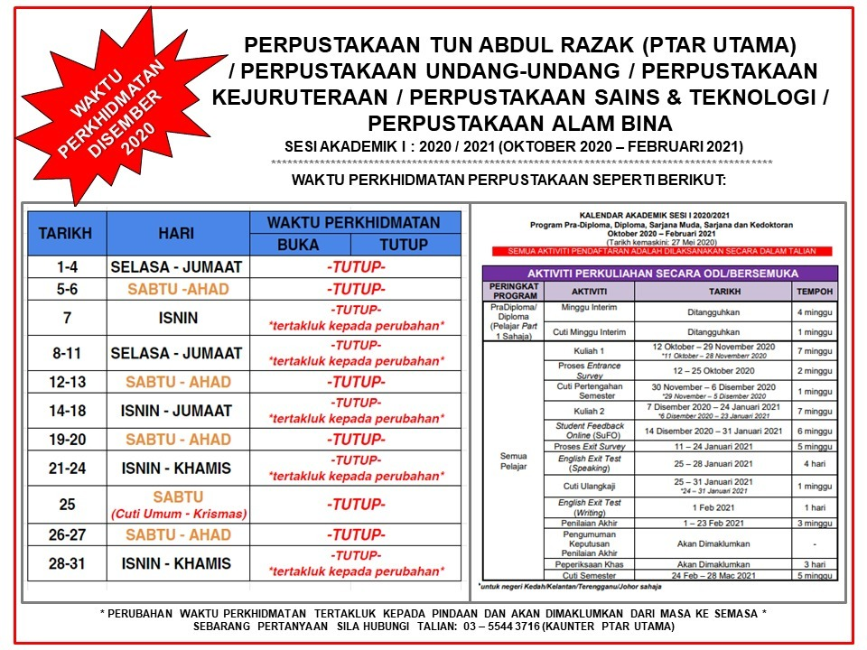 LATEST: PTAR Service Hours Notice: December 2020 (ACADEMIC SESSION I: 2020/2021 (OCTOBER 2020 - FEBRUARY 2021)